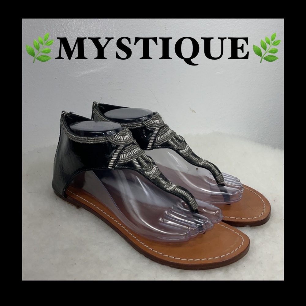 Mystique Boutique Black Patent T-Strap Beaded Sandals